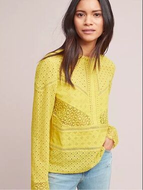 Anthropologie Burnham Lace Blouse in Bright Yellow by James Coviello